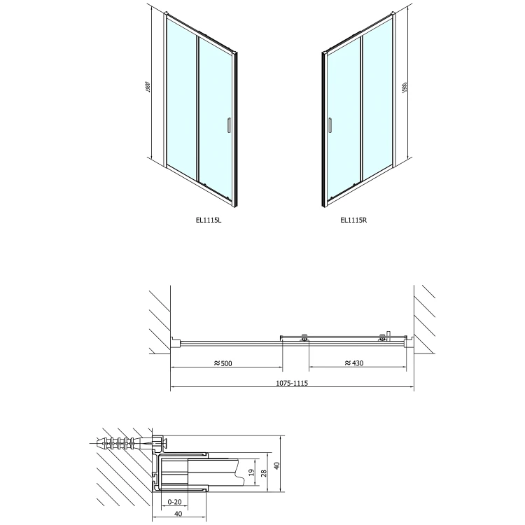 Rysunek techniczny - EASY drzwi prysznicowe 1100mm, szkło czyste