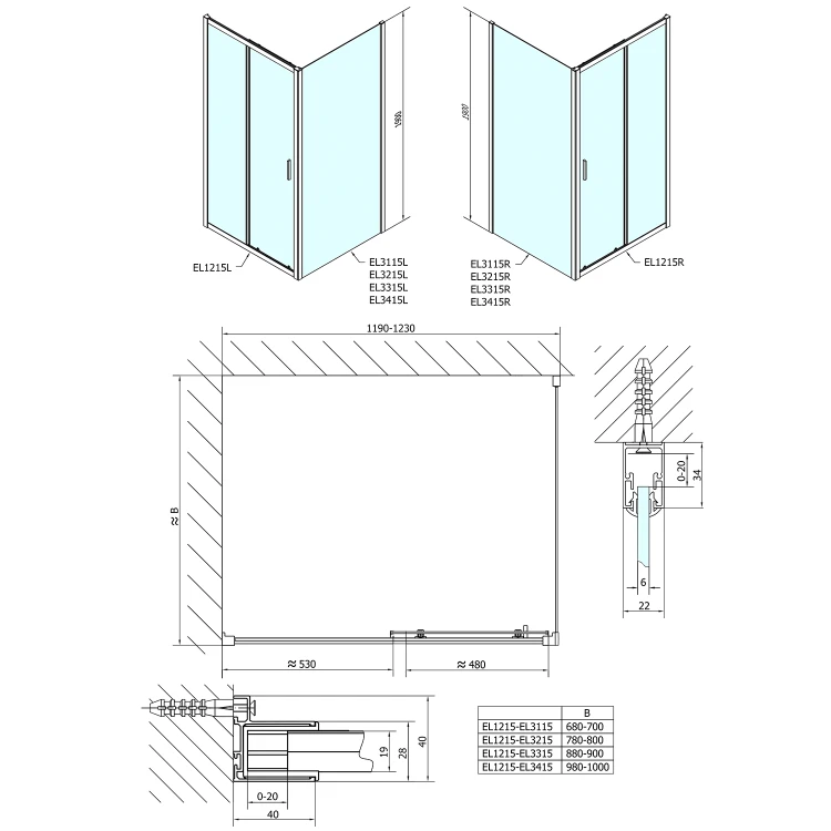 Rysunek techniczny - EASY drzwi prysznicowe 1200mm,szkło czyste #2
