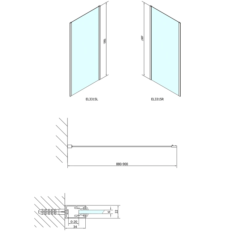 Rysunek techniczny - EASY ścianka boczna 900mm, szkło czyste