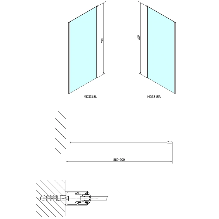 Rysunek techniczny - DEEP ścianka boczna 900x1500mm, szkło czyste
