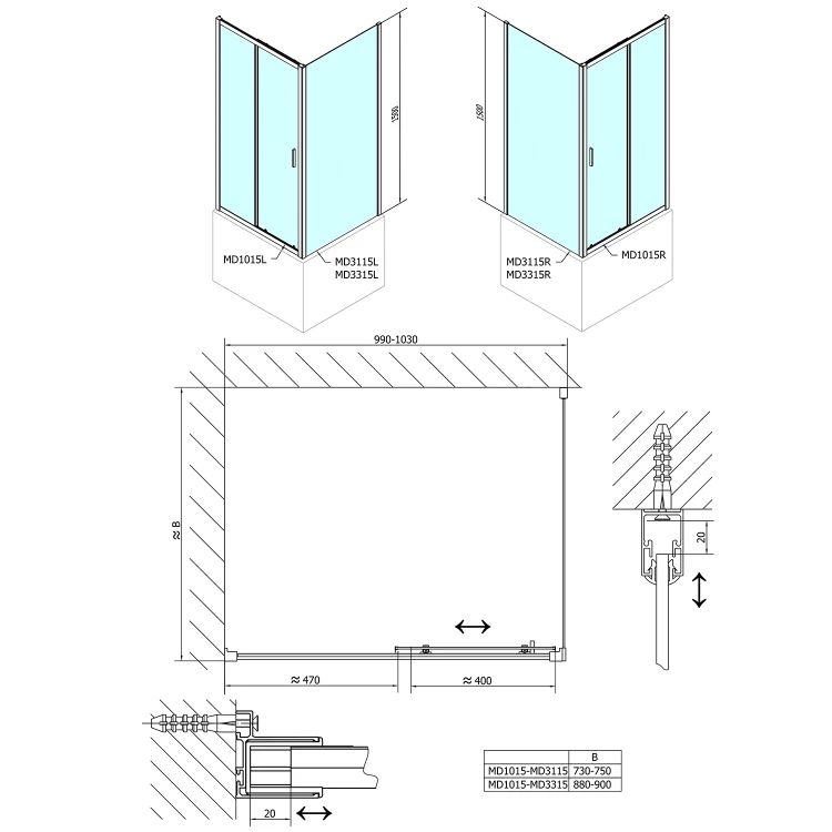 Rysunek techniczny - DEEP ścianka boczna 900x1500mm, szkło czyste #2