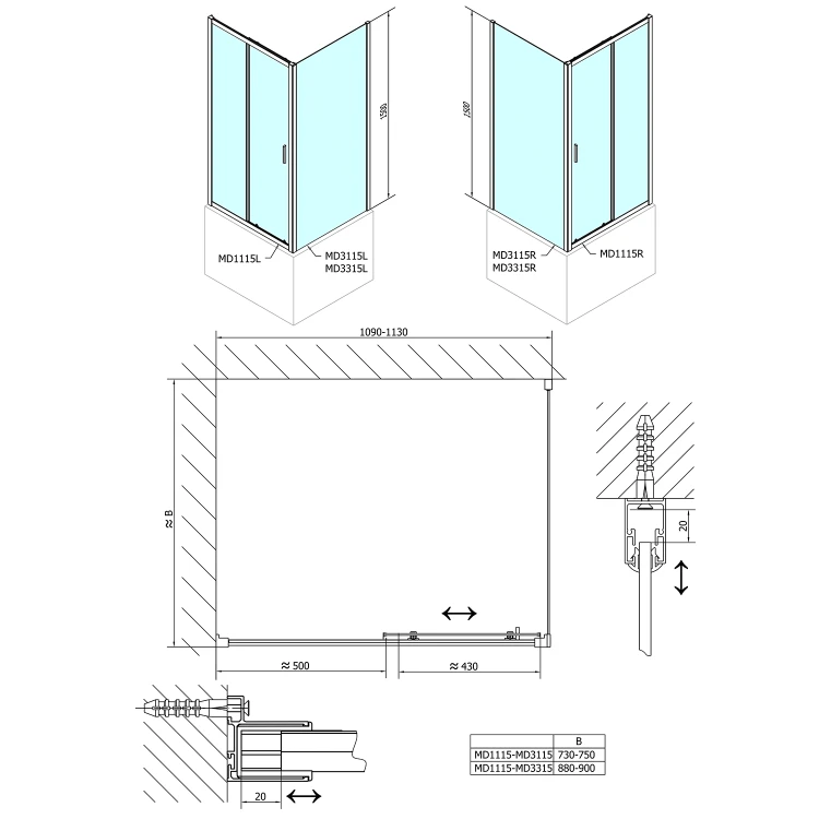 Rysunek techniczny - DEEP ścianka boczna 900x1500mm, szkło czyste #3