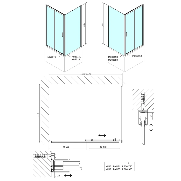 Rysunek techniczny - DEEP ścianka boczna 900x1500mm, szkło czyste #4
