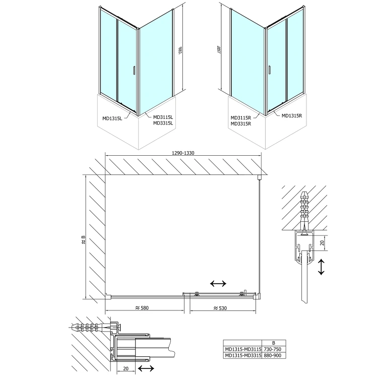 Rysunek techniczny - DEEP ścianka boczna 900x1500mm, szkło czyste #5