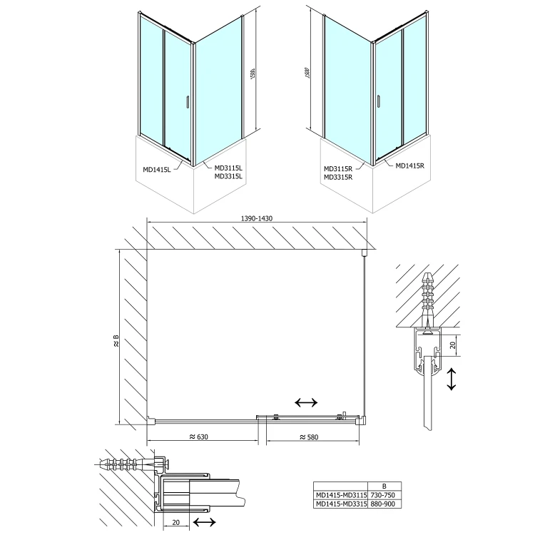 Rysunek techniczny - DEEP ścianka boczna 900x1500mm, szkło czyste #6