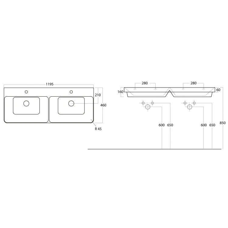 Rysunek techniczny - THALIE 120 umywalka meblowa podwójna 120x46cm, biała