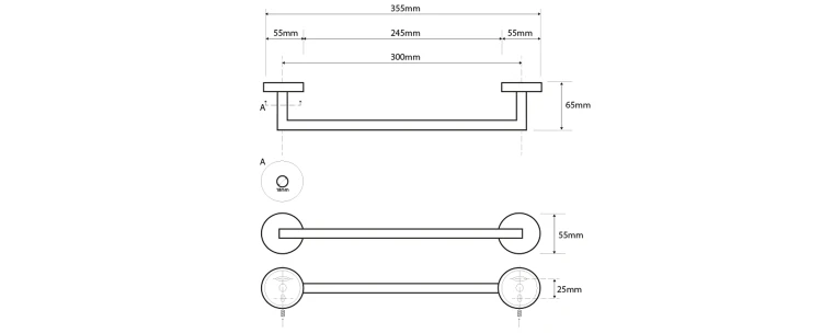 Rysunek techniczny - X-STEEL wieszak na ręczniki 300mm, stal nierdzewna mat