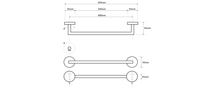 Rysunek techniczny - X-STEEL wieszak na ręczniki 600mm, stal nierdzewna mat