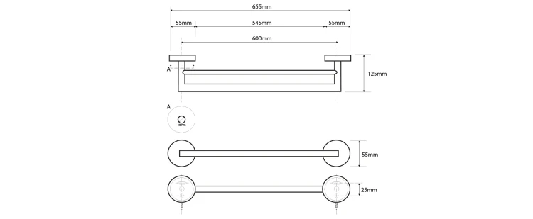 Rysunek techniczny - X-STEEL wieszak na ręczniki podwójny 600mm, stal nierdzewna mat