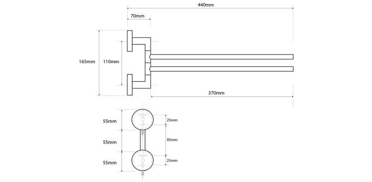 Rysunek techniczny - X-STEEL obrotowy wieszak na ręczniki podwójny 370mm, stal nierdzewna mat