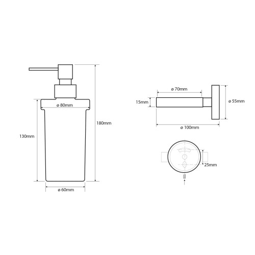 Rysunek techniczny - X-ROUND wiszący dozownik mydła 230ml, mleczne szkło, chrom