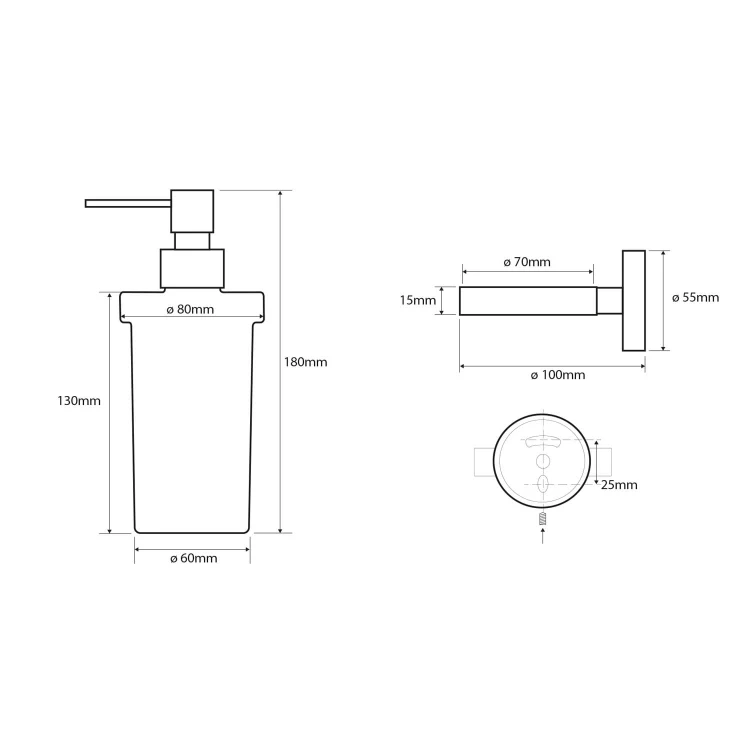 Rysunek techniczny - X-ROUND wiszący dozownik mydła 230ml, mleczne szkło, chrom