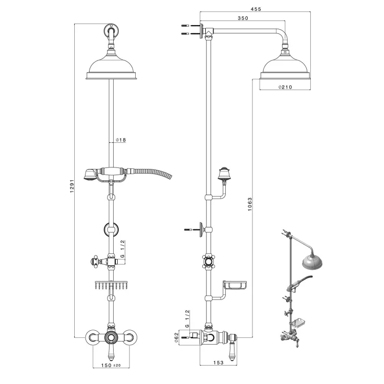 Rysunek techniczny - VIENNA zestaw prysznicowy z baterią, mydelniczka,wys. 1291mm, brąz