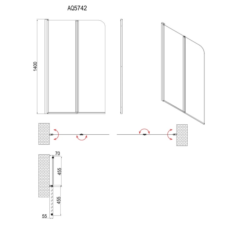 Rysunek techniczny - WILA parawan wannowy 900x1400mm, składany, chrom, szkło czyste