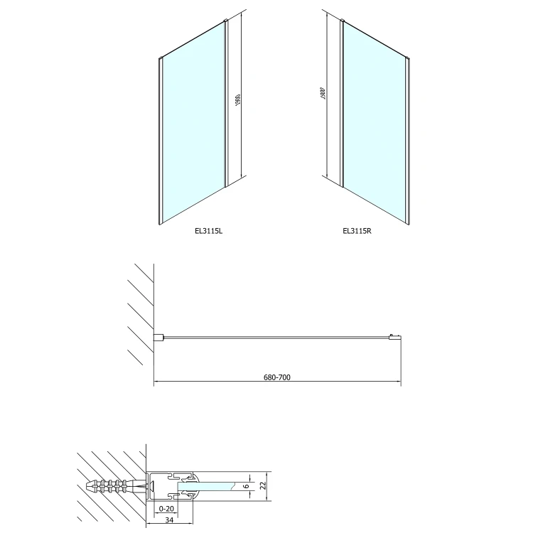 Rysunek techniczny - EASY ścianka boczna 700mm, szkło czyste