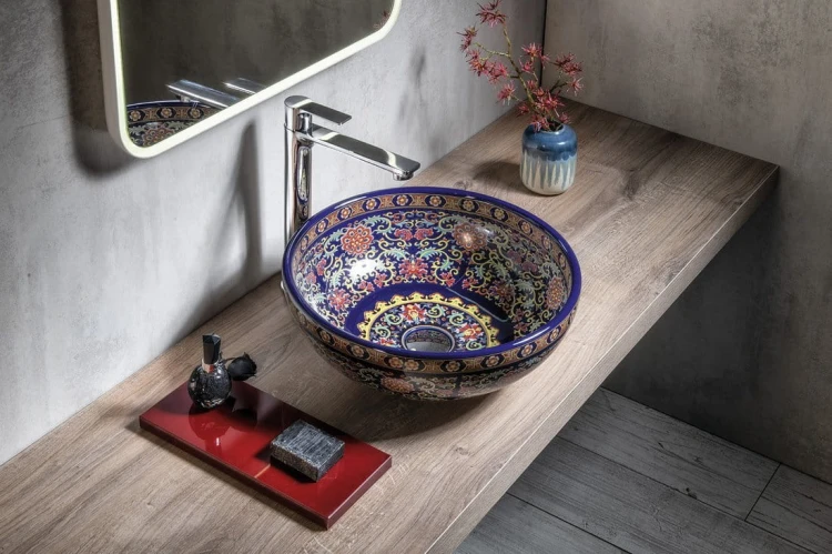 PRIORI umywalka ceramiczna nablatowa Ø 41 cm, filetowy ze wzorem #4