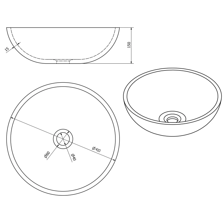 Rysunek techniczny - PRIORI umywalka ceramiczna nablatowa Ø 41 cm, filetowy ze wzorem
