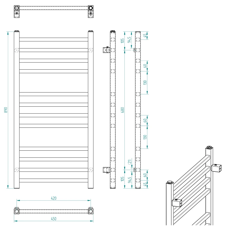 Rysunek techniczny - METRO grzejnik łazienkowy 450x890 mm, chrom