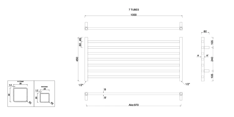 Rysunek techniczny - METRO grzejnik łazienkowy 1000x450 mm, chrom