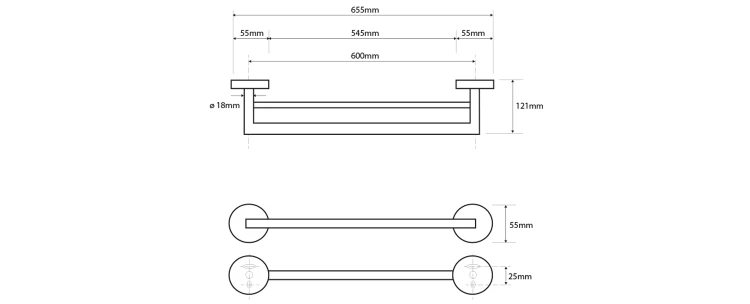 Rysunek techniczny - X-ROUND wieszak na ręczniki podwójny 600mm, chrom