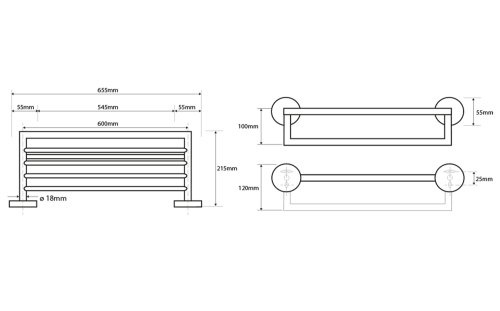 Rysunek techniczny - X-ROUND półka na ręczniki z relingiem 600mm, chrom