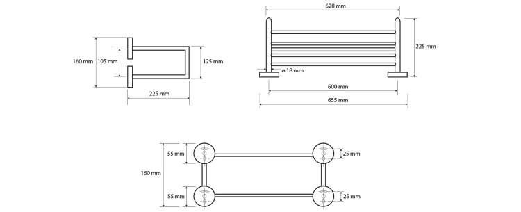 Rysunek techniczny - X-ROUND podwójna półka na ręczniki 600mm, chrom