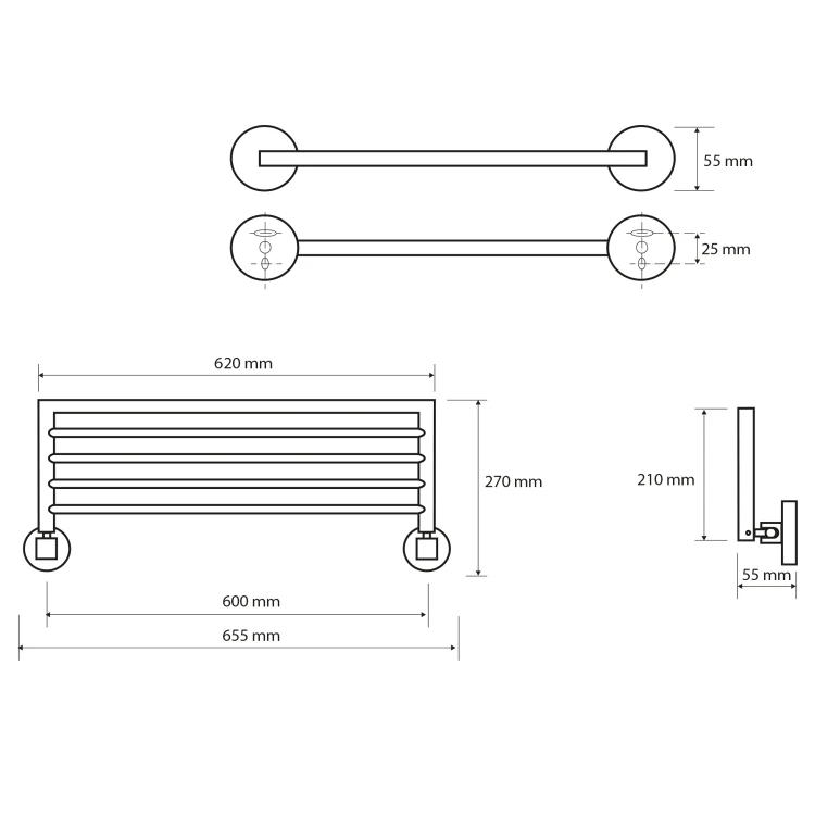 Rysunek techniczny - X-ROUND półka na ręczniki składana 600mm, chrom