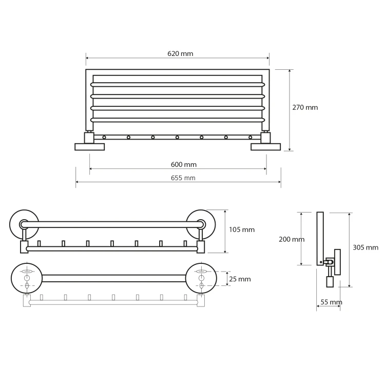Rysunek techniczny - X-ROUND półka na ręczniki składana z haczykami 600mm, chrom