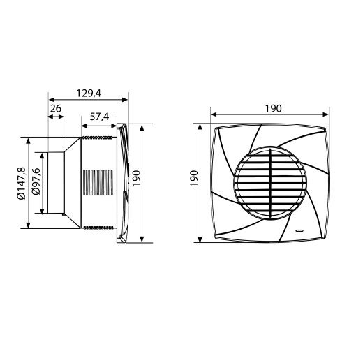 Rysunek techniczny - CB-100 PLUS T wentylator promieniowy z timerem, 25W, wylot 100mm, biały
