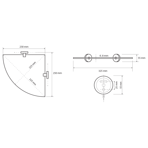 Rysunek techniczny - X-ROUND E półka szklana narożna 235x255mm, chrom