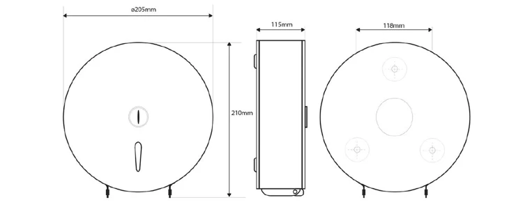 Rysunek techniczny - Zasobnik na papier toaletowy do średnica 19cm, 205x210x115mm, stal nierdzewna mat