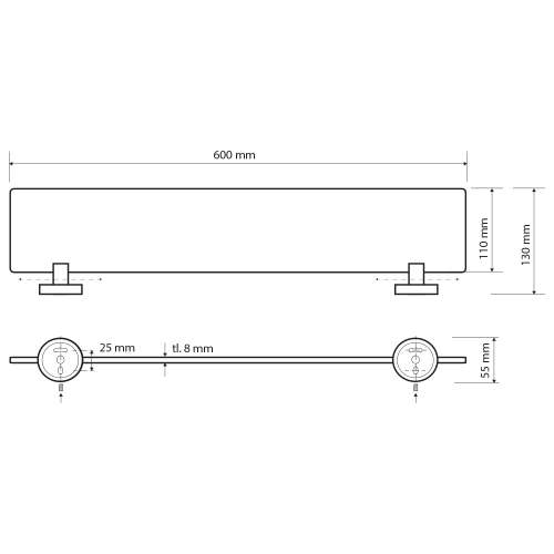 Rysunek techniczny - X-ROUND E półka szklana 600mm, chrom