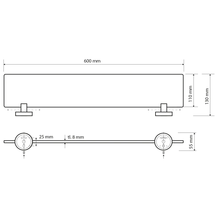 Rysunek techniczny - X-ROUND E półka szklana 600mm, chrom