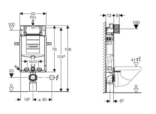 Rysunek techniczny - GEBERIT KOMBIFIX ECO spłuczka podtynkowa do zabudowy ciężkiej Sigma 12cm, w. 108cm