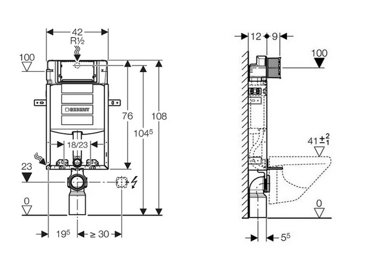 Rysunek techniczny - GEBERIT KOMBIFIX ECO spłuczka podtynkowa do zabudowy ciężkiej Sigma 12cm, w. 108cm