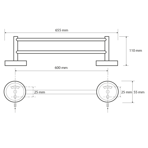 Rysunek techniczny - X-ROUND E podwójny wieszak na ręczniki 600mm, chrom