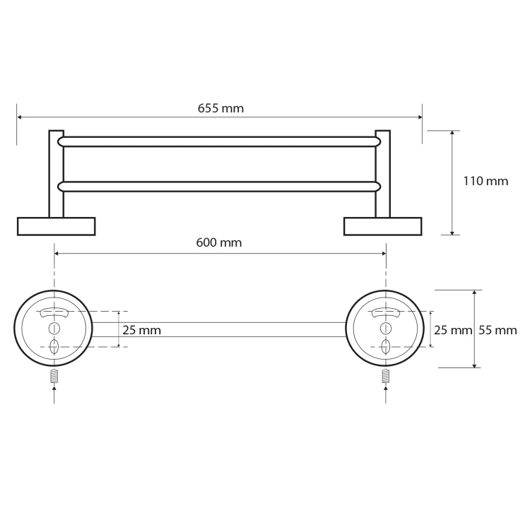 Rysunek techniczny - X-ROUND E podwójny wieszak na ręczniki 600mm, chrom