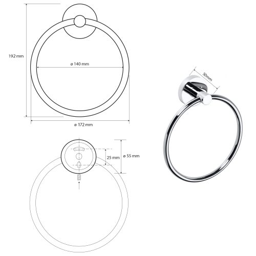 Rysunek techniczny - X-ROUND E wieszak na ręczniki koło, chrom