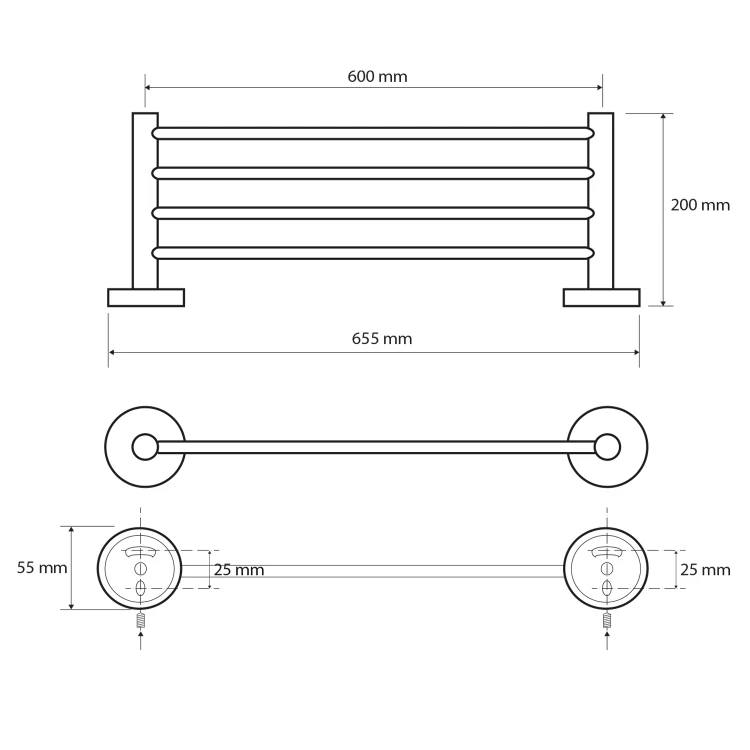 Rysunek techniczny - X-ROUND E półka na ręczniki 600mm, chrom