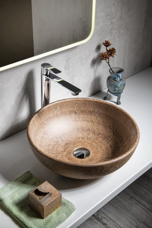 PRIORI umywalka ceramiczna nablatowa Ø 41 cm, brązowa ze wzorem #2