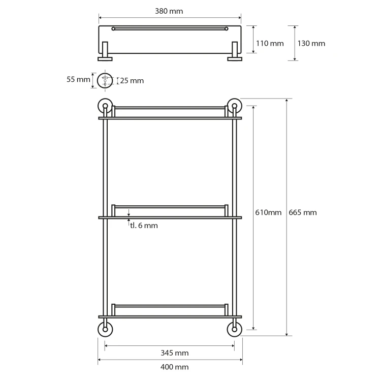 Rysunek techniczny - X-ROUND E półka szklana potrójna z relingiem 380x675x130mm, chrom