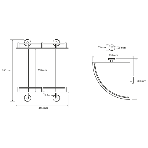 Rysunek techniczny - X-ROUND E półka szklana podwójna z relingiem 280x380x280mm, chrom