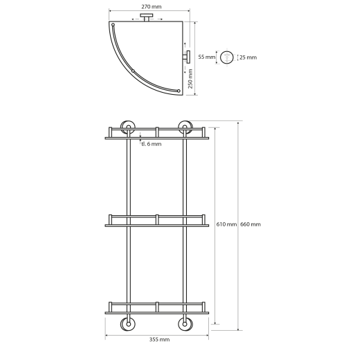 Rysunek techniczny - X-ROUND E półka szklana narożna z relingiem 270x660x270mm, chrom