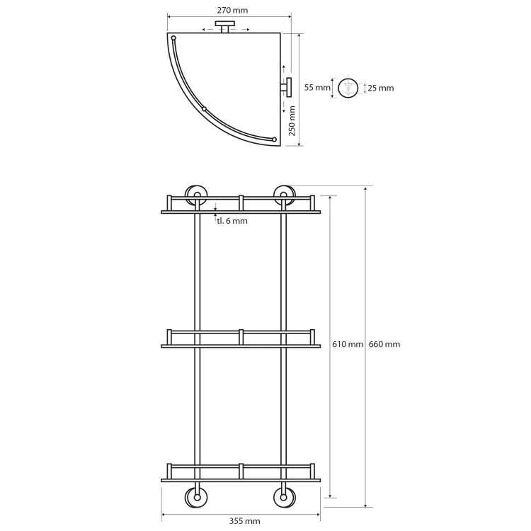 Rysunek techniczny - X-ROUND E półka szklana narożna z relingiem 270x660x270mm, chrom
