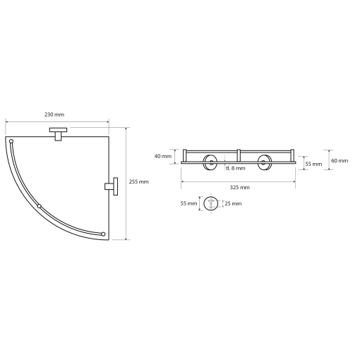 Rysunek techniczny - X-ROUND E półka szklana narożna z relingiem 255x60x255mm, chrom