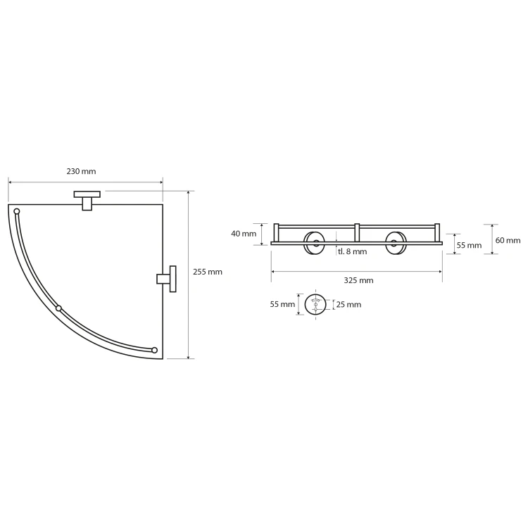Rysunek techniczny - X-ROUND E półka szklana narożna z relingiem 255x60x255mm, chrom