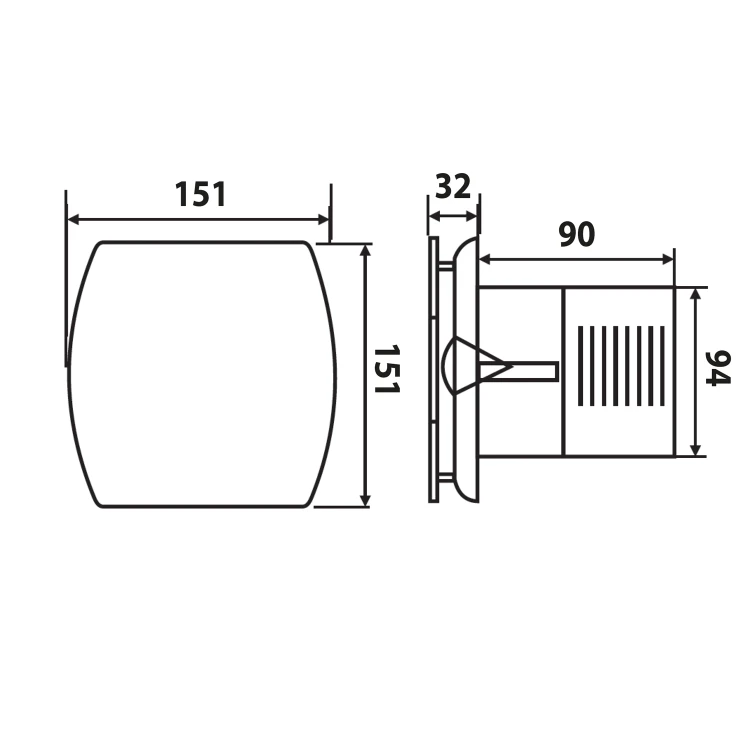 Rysunek techniczny - LEX wentylator osiowy łazienkowy z wyłącznikiem czasowym, 15W, wylot 100mm, stal nierdzewna mat