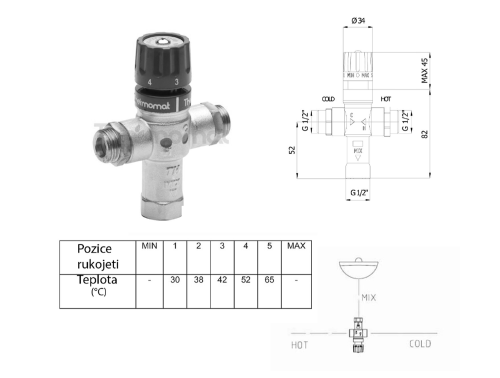 Rysunek techniczny - Termostatyczny regulator wody, 1/2", 30-60 stopni, zawory zwrotne