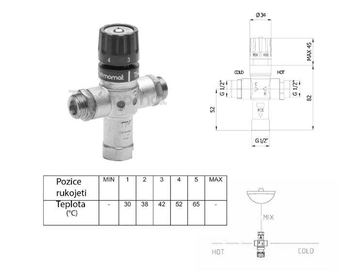 Rysunek techniczny - Termostatyczny regulator wody, 1/2", 30-60 stopni, zawory zwrotne