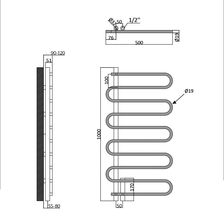 Rysunek techniczny - CARISMA grzejnik łazienkowy 500x1000mm, chrom
